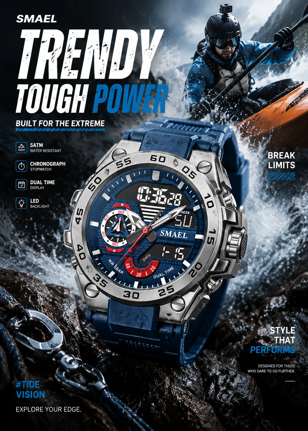 SMAEL 8169 Men’s Analog Digital Dual Display Sport Watch - 50M Waterproof LED Backlight Alarm Stopwatch Chronograph Shock Resist