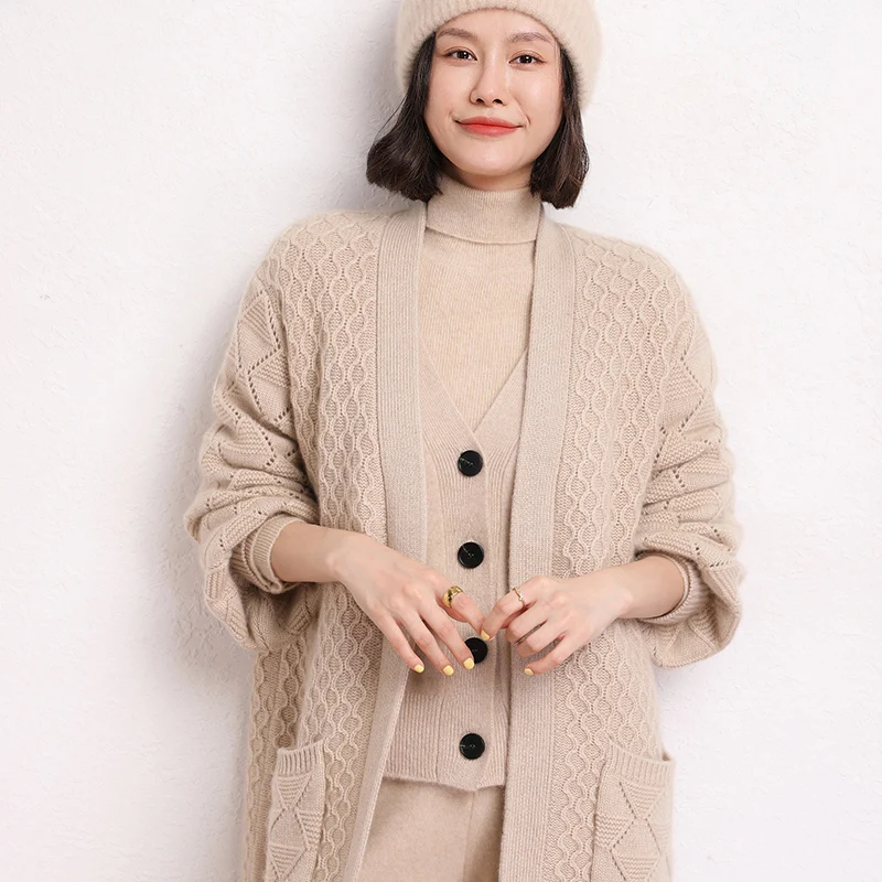 Hot Sale Autumn Winter New 100% Cashmere Cardigan Sweater Women\'s Solid Color Thicking Soft Fashion Long Coat Female