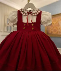 Baby Girl Autumn Red Flower Embroidery Vintage Spanish Princess Ball Gown Dress for Christmas Causal Party Holiday C115