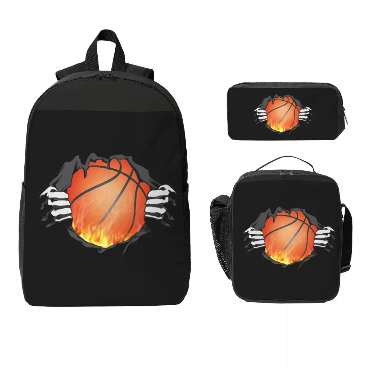 

Basketball Power Burning Flame Backpack Boys Girls BookBag School Bag Laptop Shoulder Bags 3ps Insulated Lunch Bag Pencil Case
