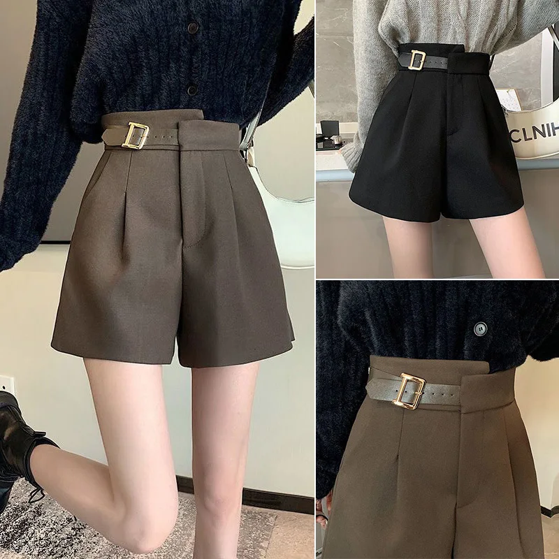 Shorts feminino alto streetwear estilo elegante botão bolso zíper voar perna larga solto ajuste chique senhora do escritório urbano commuter alfaiataria