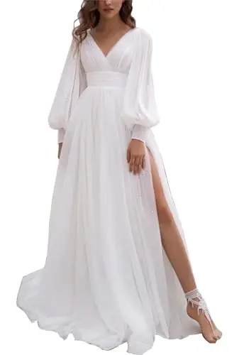 High-end Chiffon Wedding Dresses A-Line V-Neck Long Sleeve Tea-Length Wedding Dresses For Wedding Bridesmaid Birthday Holiday