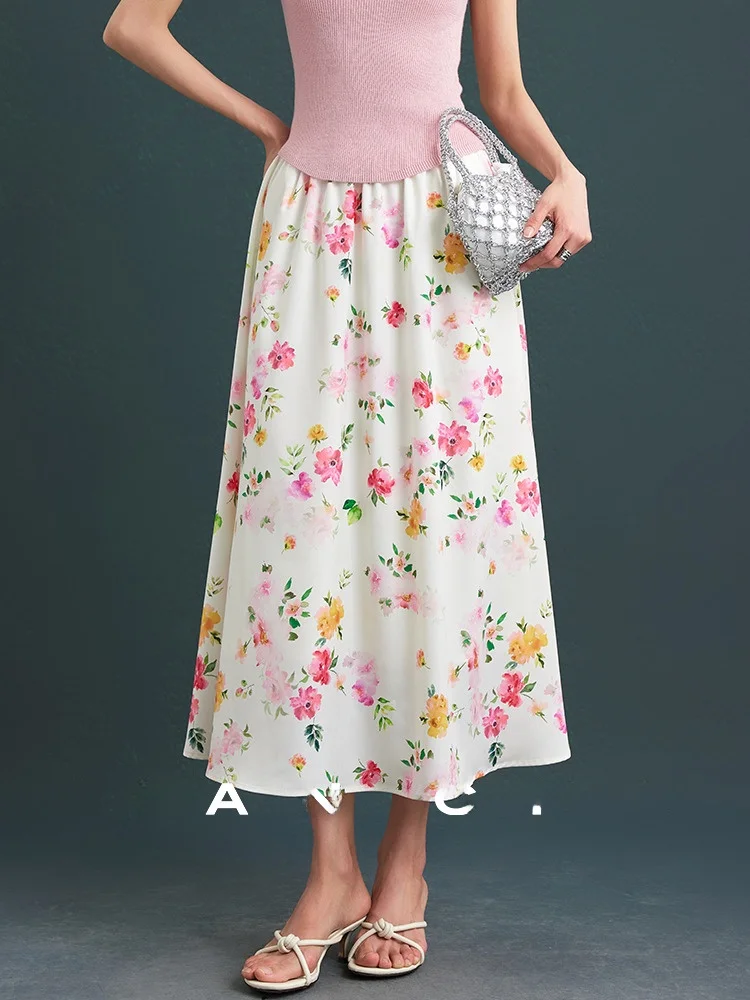 

Jiancha "Peony Bloom" Pear ape Friendly Watercolor Print Elastic Waist f Skirt Korean Sle High Waist Polyester Fabric ...