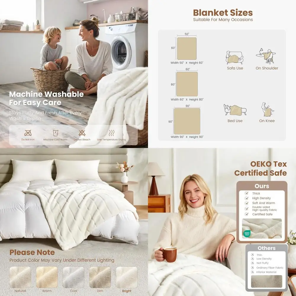 

Twin Size Creamy White Faux Rabbit Fur Blanket, Ultra-Soft Dual-Sided Mink, Cozy Plush for Couch and Bed, Machine Washable