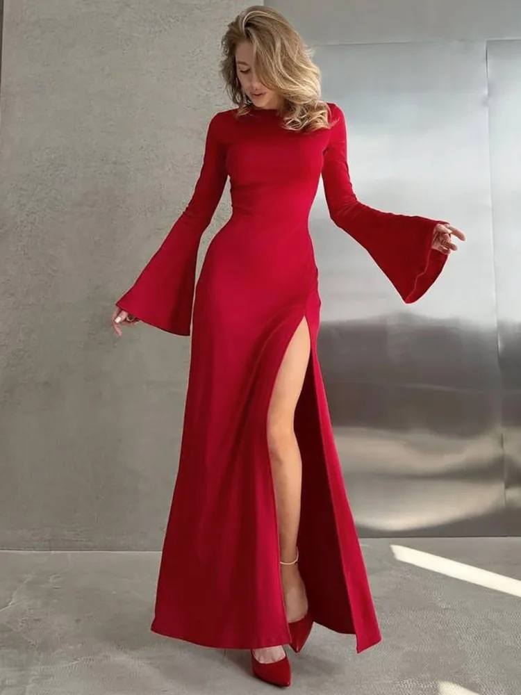 Mozision Flare Sleeve Thigh High Split Sexy Maxi Dress For Women Elegant Solid O Neck Slit High Waist Club Party Long Dress