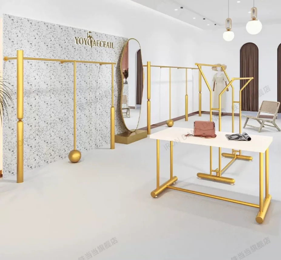 Creative Wall Mounted Golden Clothing Display Rack Women's Store Shelf Hanger Rack Dedicated Shop Organizer
