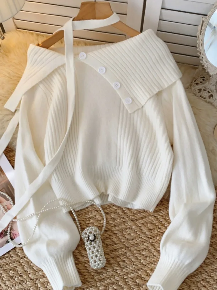 Elegant and Chic Knitting Sweater Autumn Turn-down Collar Button Decor Long Sleeves Casual Y2k Tops Female One Piece Clothes New