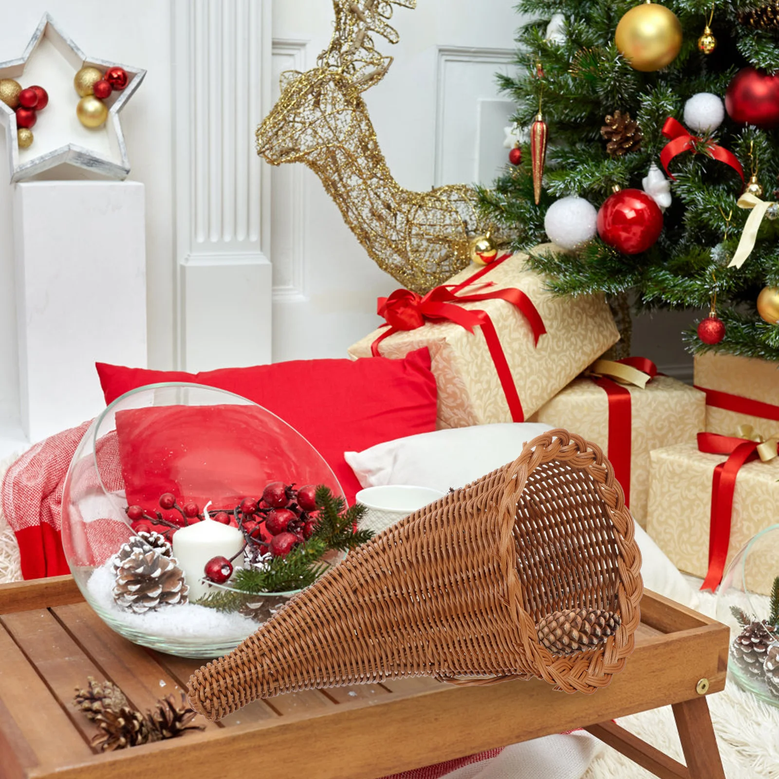  Storage Basket Christmas Ornament Gift Horn Cowbell Style Hand-woven Multi-purpose Decorative Rattan Bread Snackle