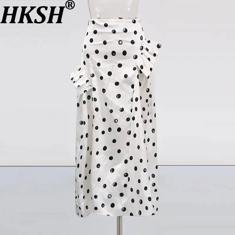 

HKSH Women Skirt Polka Dot Printed Asymmetric Ruffled Pleated Versatile French Elegant High-End Trend Long Skirts Summer HK23114