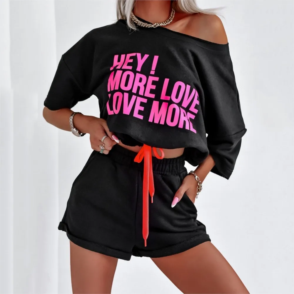 New Summer Two Piece Set Women Clothing Sets Casual Tshirt Shorts Set Fashion O-neck Letter Print Sweat Biker Short Set Jogger