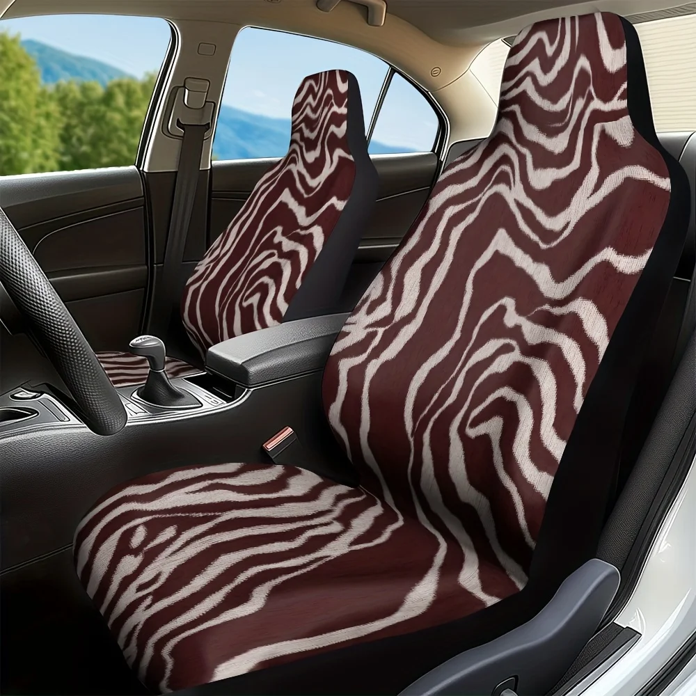 2pcs Modern Brown & White Abstract Lines Car Seat Covers - Lightweight, Easy-Clean Polyester, Universal Fit For All Vehicles, St