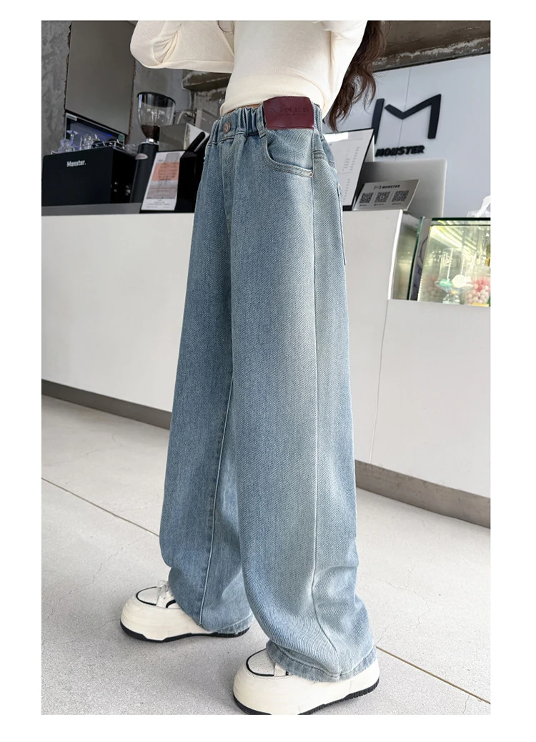 Klassische blaue High-Waist-Jeans mit geradem Bein für Mädchen, neue modische Slim-Fit-Denimhose, einfache Jeanshose für Kinder. – Detail 6
