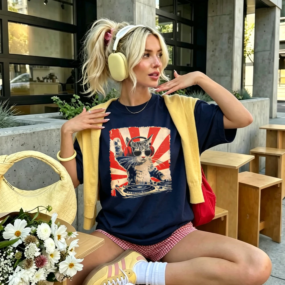 Vintage DJ Cat Wearing Headphones Sunglasses Tshirt Women Retro Sunset Disc Jockey Kitten Print Casual Cotton Music Lover Blouse - view 6