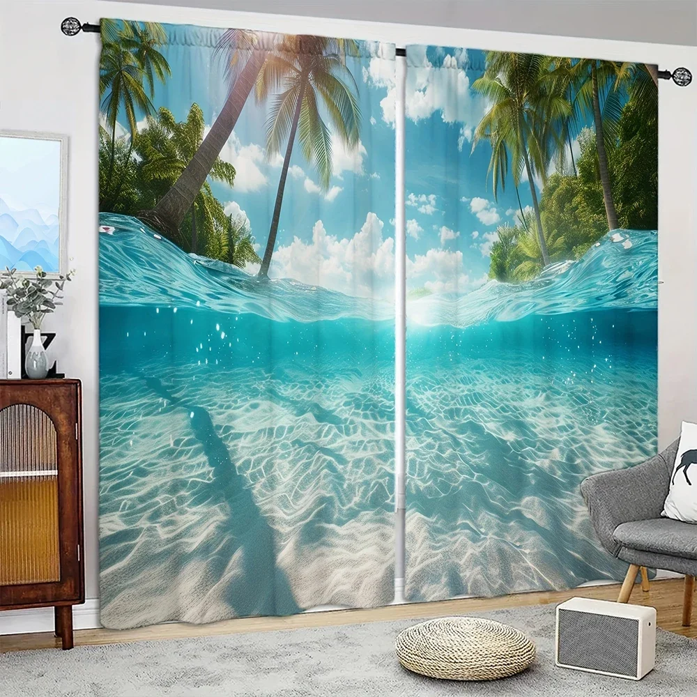 2pcs Ocean scenery Printed Curtain for Home Decor - Rod Pocket Window Treatment for Bedroom,Office,Kitchen,Living Room,and Study