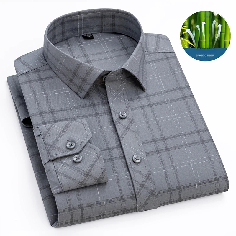 New in shirt Bamboo fiber plaid long-sleeve shirts for men slim fit formal shirt soft casual office tops popular korean clothes