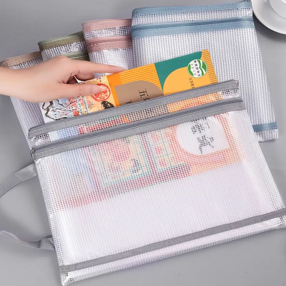 Double-Layer Mesh Zipper Storage Bag, impermeável, transparente, A4 File Folder, PVC, saco de documento portátil, Storage Pouch