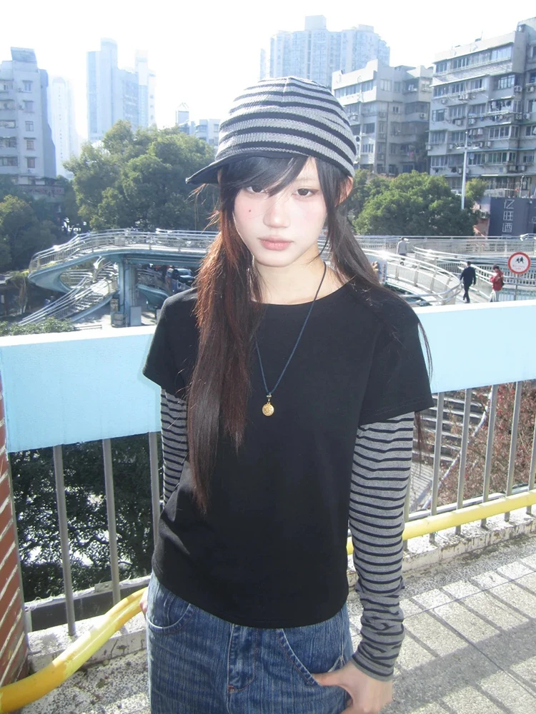 Tonngirls Y2k Japanisches T-Shirt für Damen, Langarm, Patchwork, Zweiteiler-Optik, Streetwear, Amerikanischer Retro-Vintage-Stil, 2000er-Jahre – Detail 5