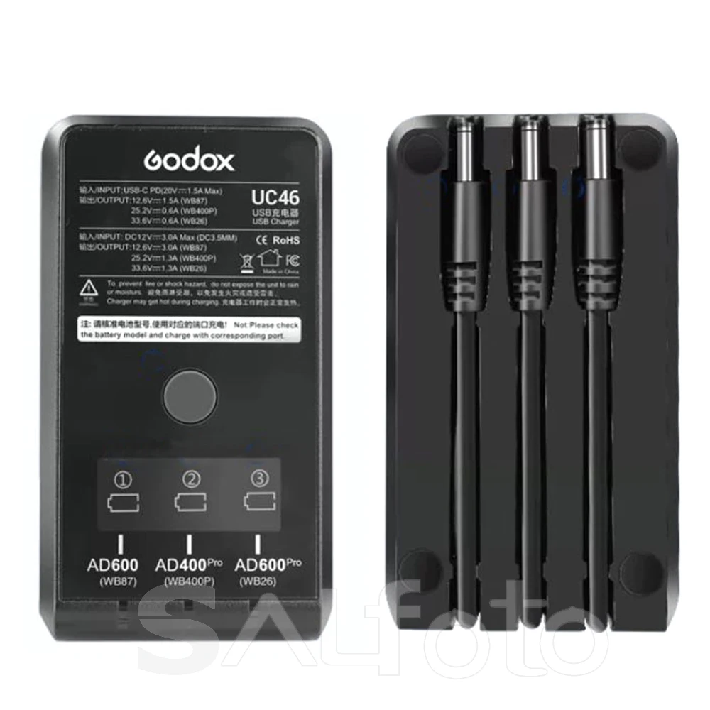 Godox UC46 3-in-1 USB Charger with Multi-interface Cable for AD400PRO II WB400P /AD600 WB87/AD600PRO II /AD800Pro WB26 Batteries
