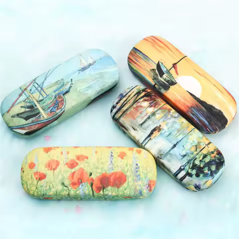 Fashion Oil Painting Art Glasses Case Box Hard Leather Reading Glasses Case Retro Floral Print Eyewear Protector Glasses Holder