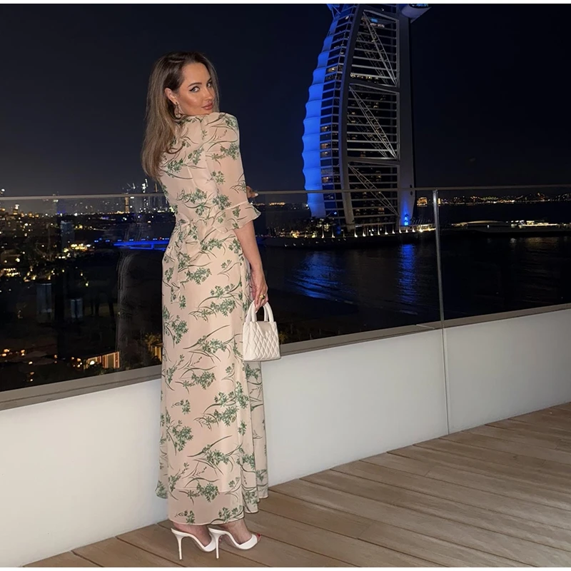 Elegant Ruffle Women's Long Dresses V Neck Half Sleeve Button Waist Cinching Pleated Dress 2026 Spring Lady Fashion Party Robes
