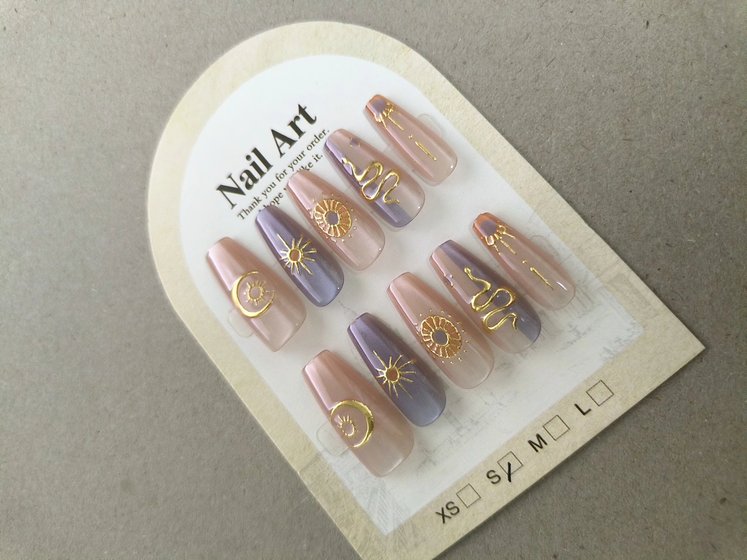 10 pièces soleil lune étoile gothique fait à la main moyen trapézoïdal faux ongles oeil de chat ongles coréens presse sur longs faux ongles réutilisables