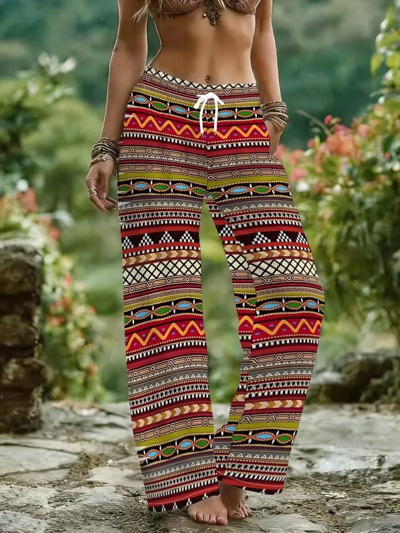 Retro Ethnic Style 3D Print Women's Wide-leg Pants Drawstring Relaxed-Fit Casual Comfortable Breathable Fashion Wide-Leg Pants