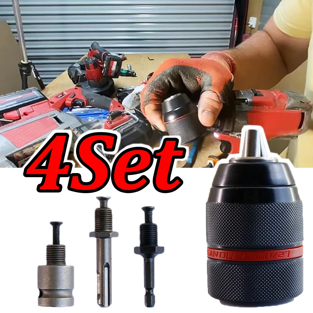 1-4Set 1/2-20UNF 10mm 13mm Keyless Drill Chuck Metal Heavy Duty Hex Shank/SDS/Socket Square Female Adaptor Hardware Hand Tool