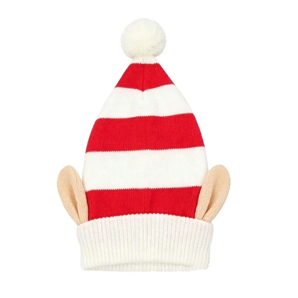Xmas Costume Headpiece Knitted Christmas Beanie Contrast Color Elastic Pointed Pom Bonnet Soft Thick Elf Knit Hat Gathering