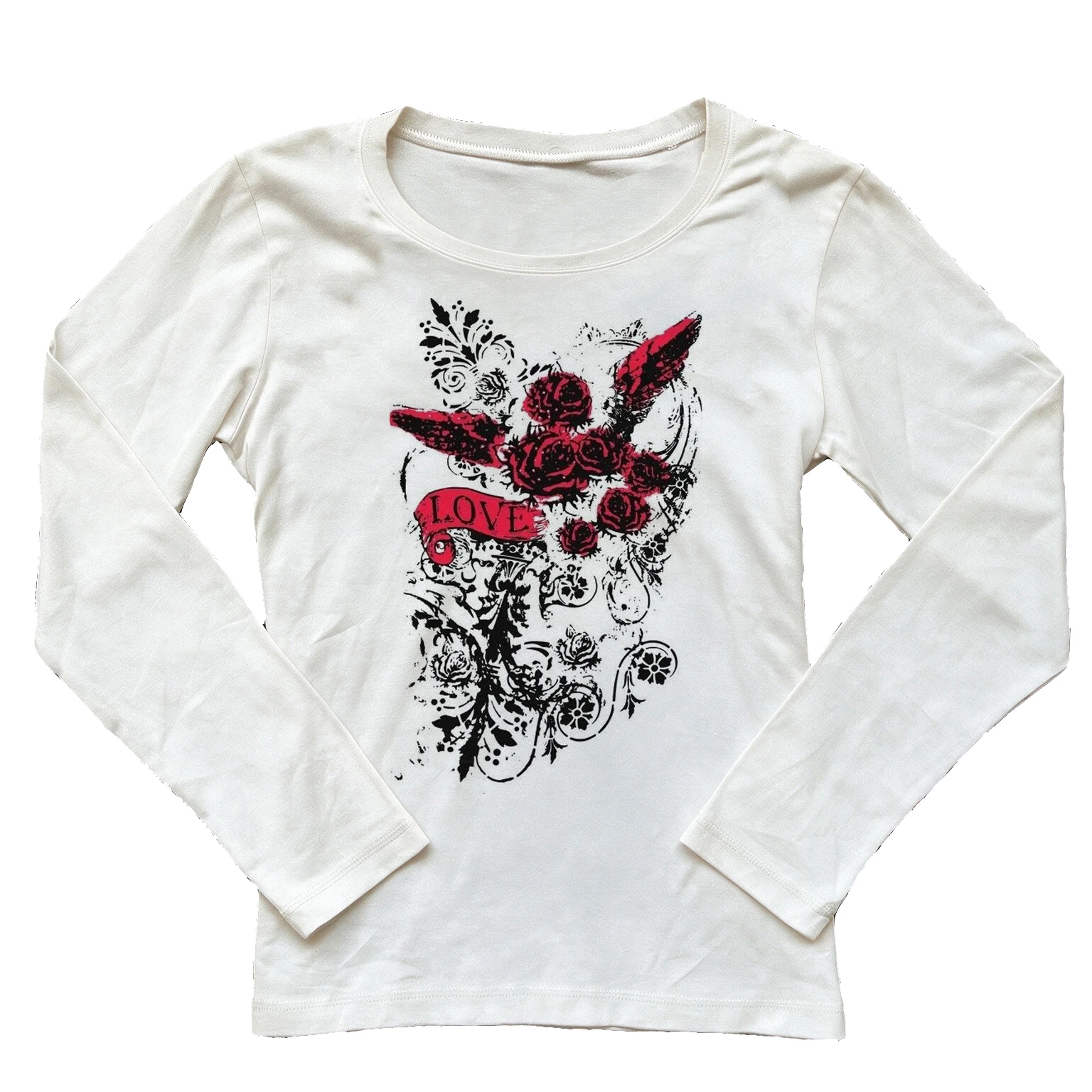 Women Long Sleeve Tee Vintage Red Rose Angel Wings Love Print Aesthetic Gothic Grunge Crew Neck Slim Fit Streetwear Tops