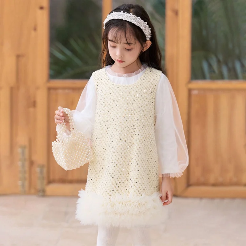 2025Winter Girls' Sequin Vest Dress Children's Princess Dress Stylish First Birthday Fleece Lined Formal Dress
