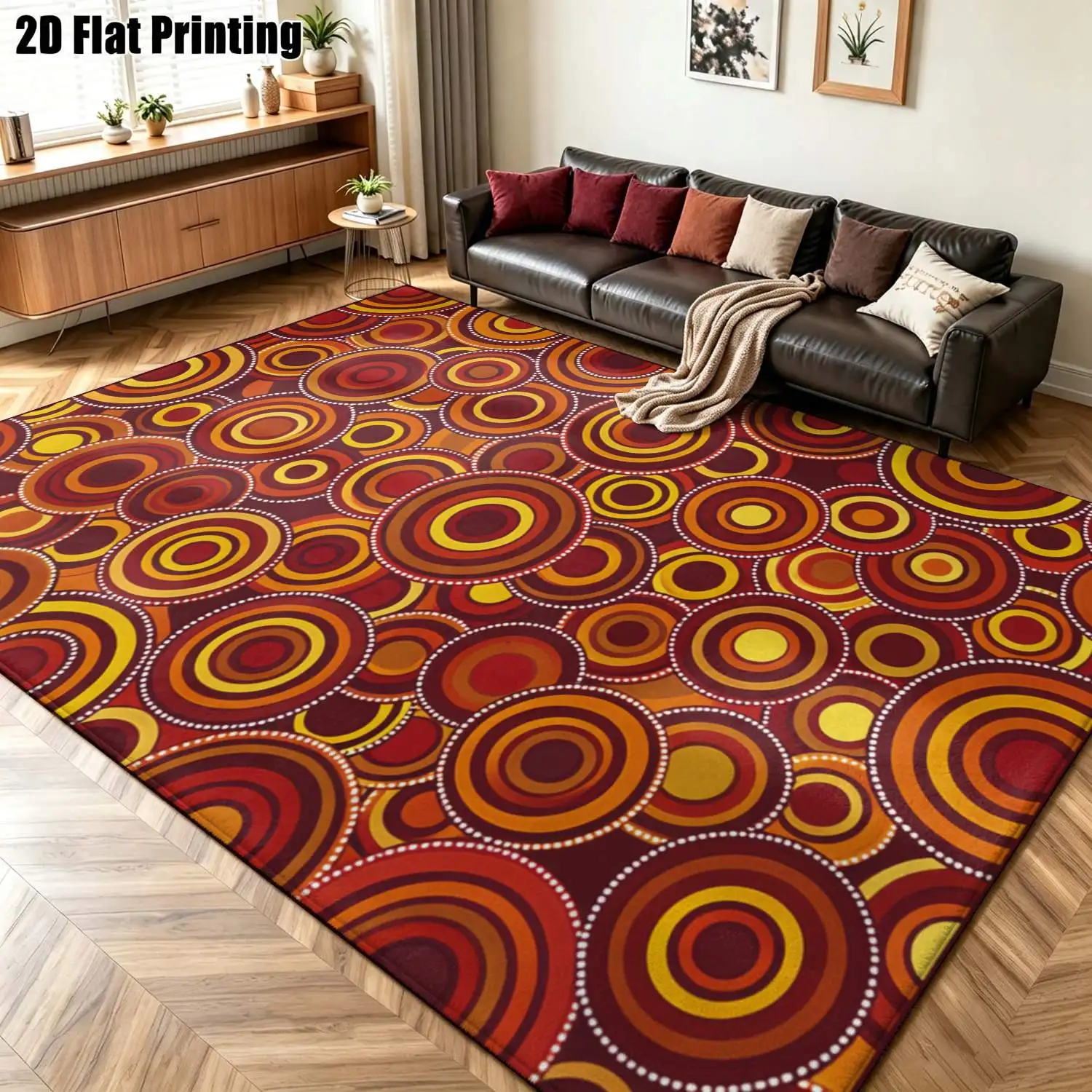 1Pc 2D Printed Carpet: Warm Brown Yellow Concentric Circle Pattern, Retro/Bohemian/Minimalist, Machine Washable, Multi-Size, Multi-Scene Home Decor