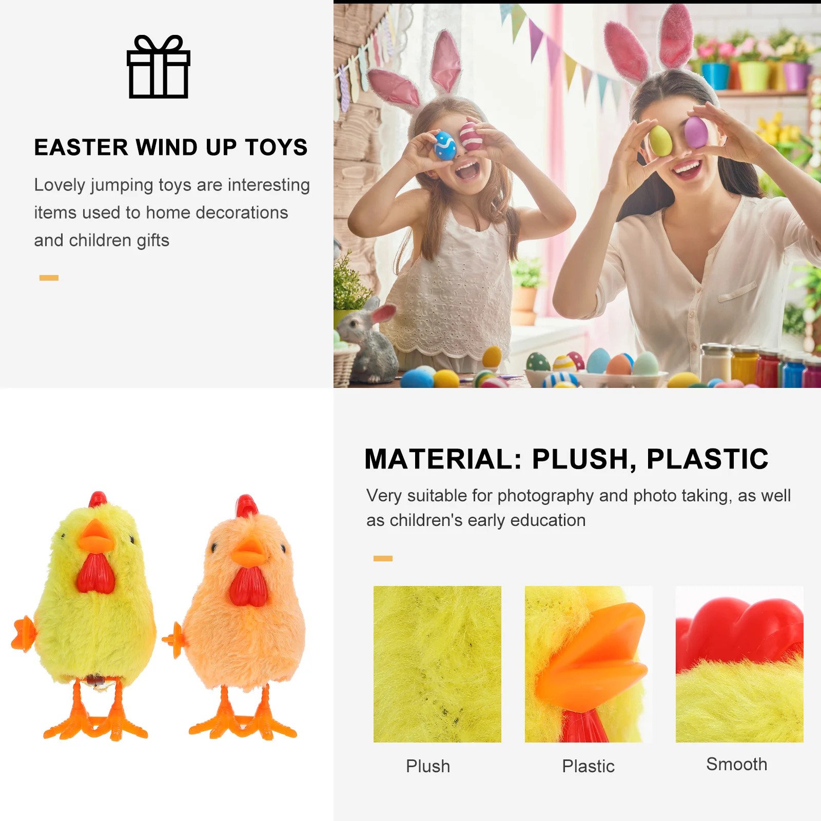 

2pcs 2 Props Smooth Comfortable Baby Safe Toys Easter Decor Wind Up Chicken Stuffed Animal Jumping Toddler Gifts
