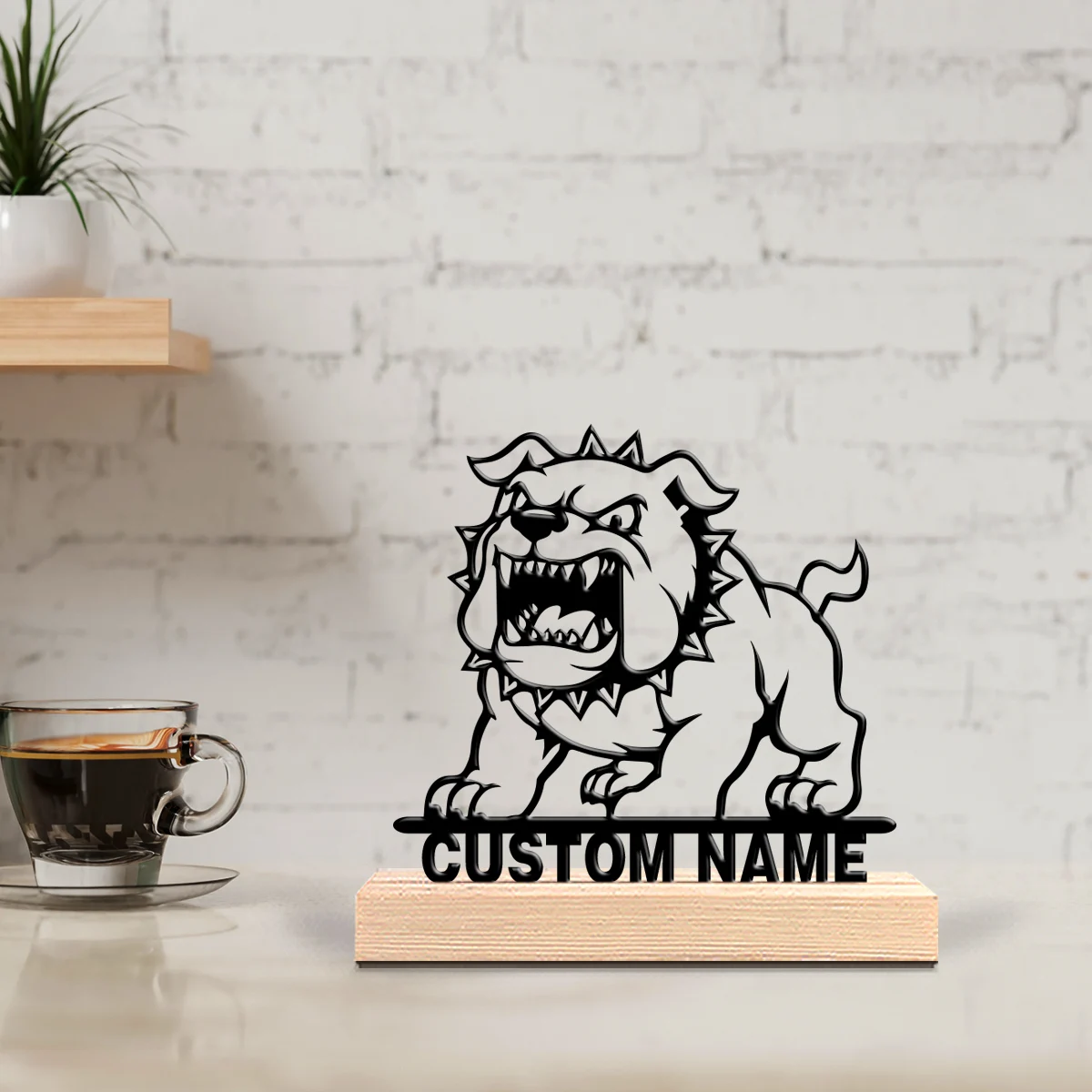 1pc Simple Vicious puppy Customized Text Tin Statue Iron Ornament Metal Sculpture With Wood Base Handicraft With Wood Base