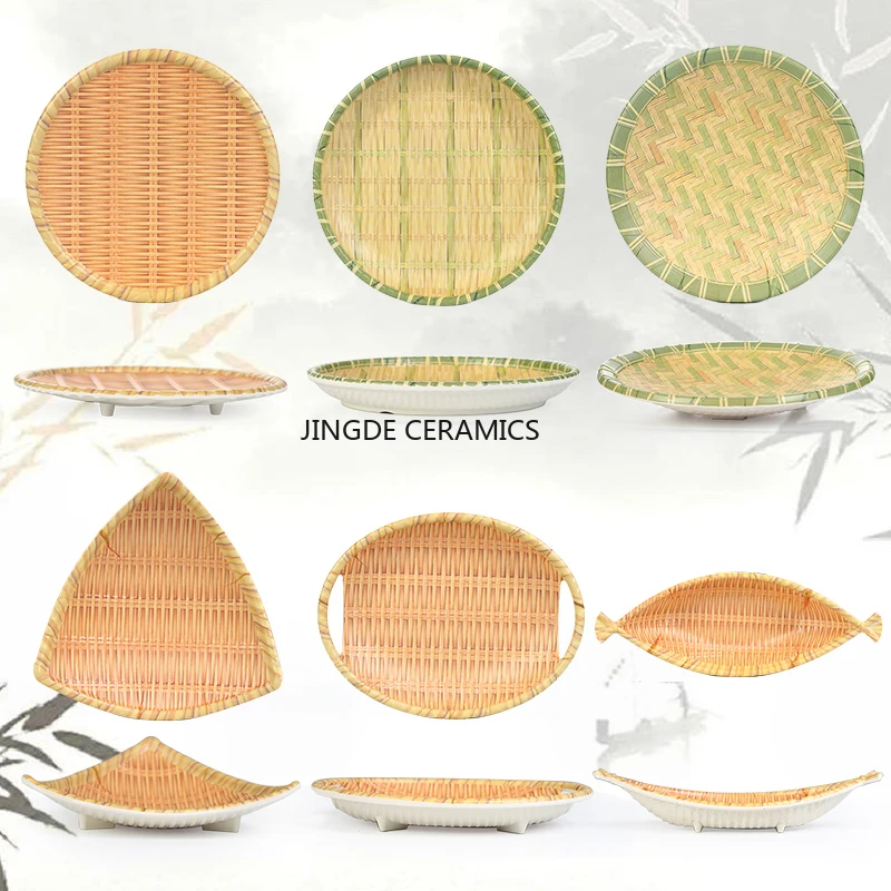 1pc Melamine Imitation Bamboo Woven Tableware, Barbecue Restaurant Dishes Hotel Dim Sum Plate, Melamine Fruit Salad Plate