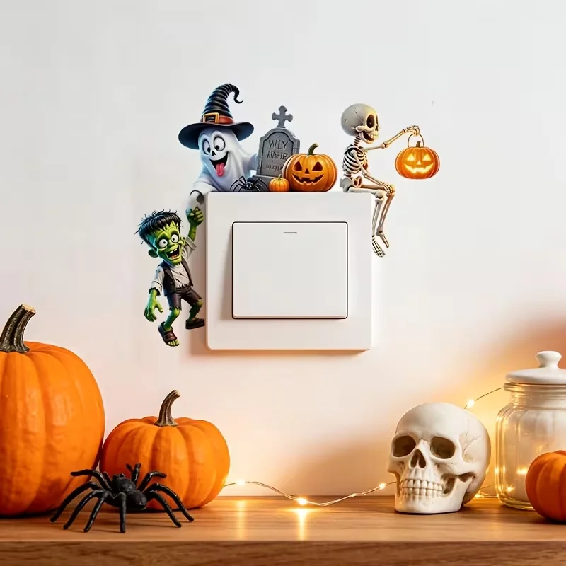 1 scary Halloween monster ghost skeleton switch wall sticker, PVC material, self-adhesive socket decorative sticker