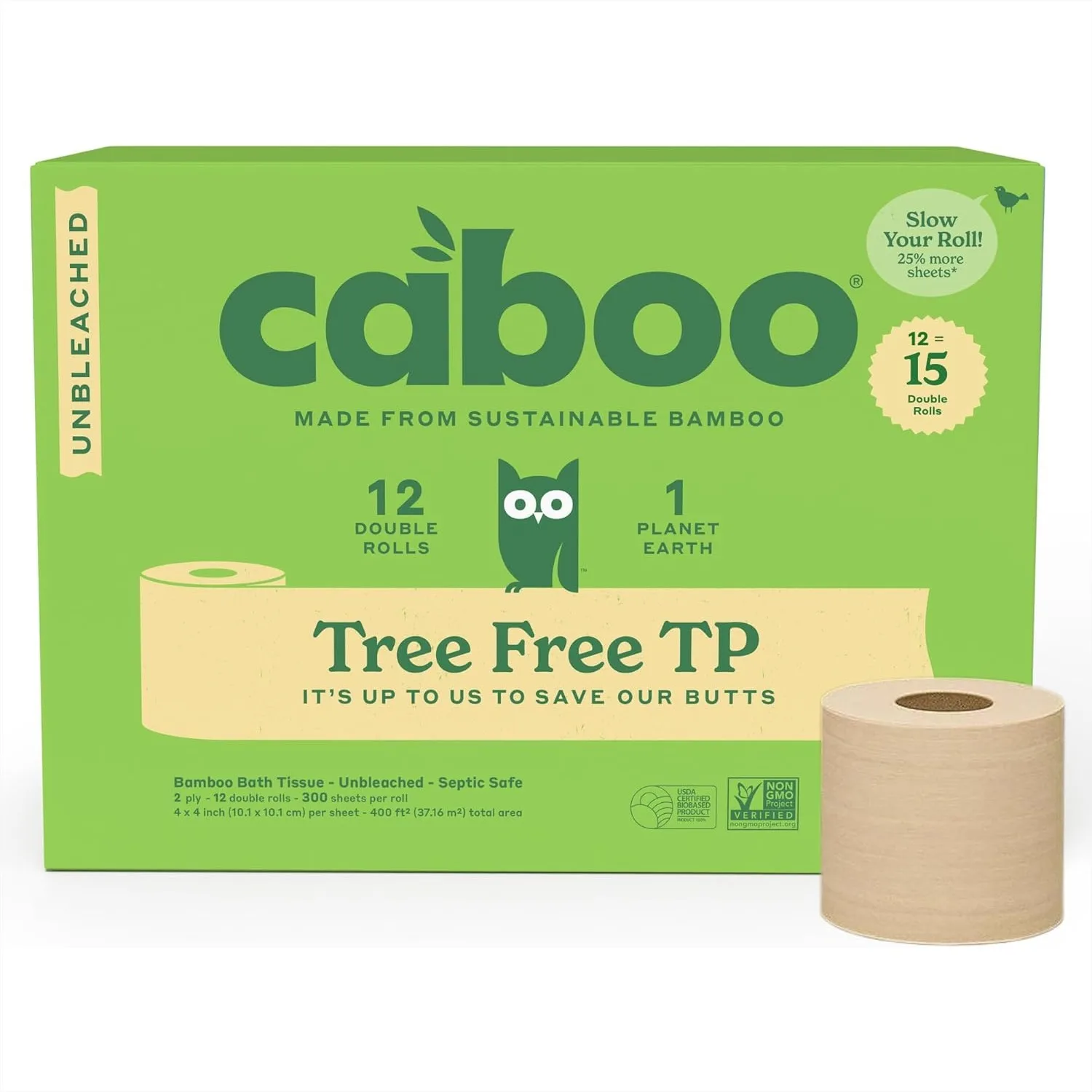 

Unbleached Bamboo Toilet Paper, Tree-Free, Septic Safe, Eco Friendly, 2 Ply, 12 Double Rolls, 300 Sheets Per Roll