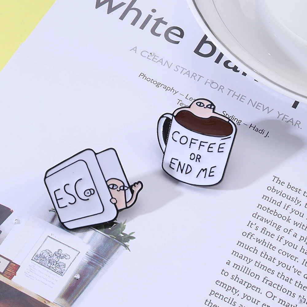 New Ketnipz Meme Metal Brooches For Women Men Office Worker Avocado Coffee Or End Me Esc Earth Illustration Pins For Jeans Bag