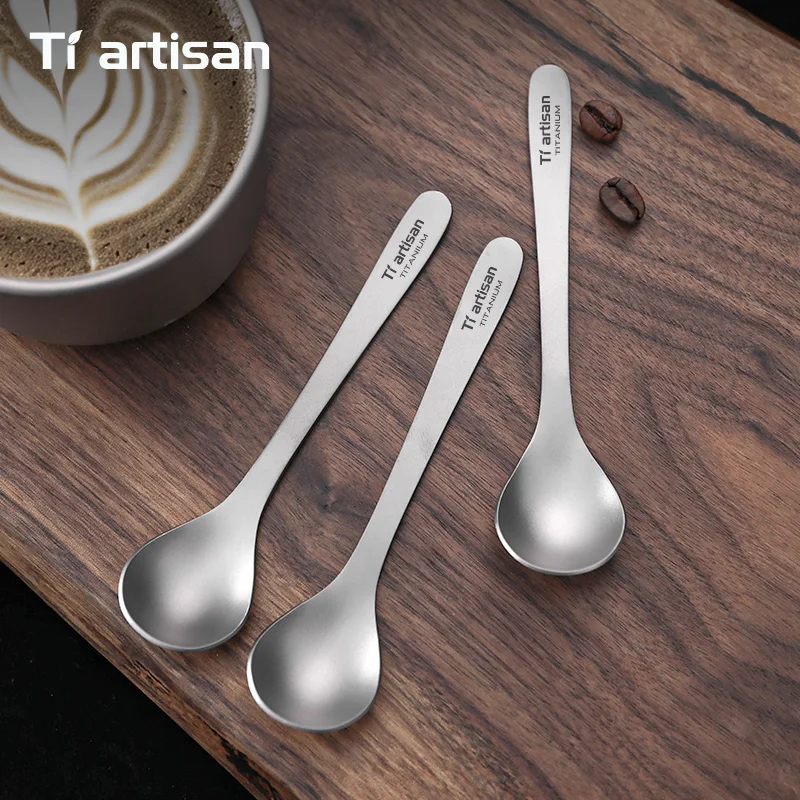 Tiartisan – mini cuillère à café en titane pur, 2 pièces, compacte et légère, pour le camping en plein air, pour mélanger les desserts et la crème glacée