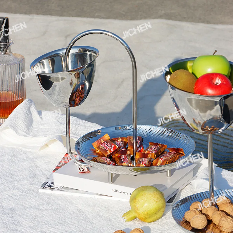 

Light luxury high-grade double-layer stainless steel fruit plate creative coffee table happy candy snack plate fruit plate
