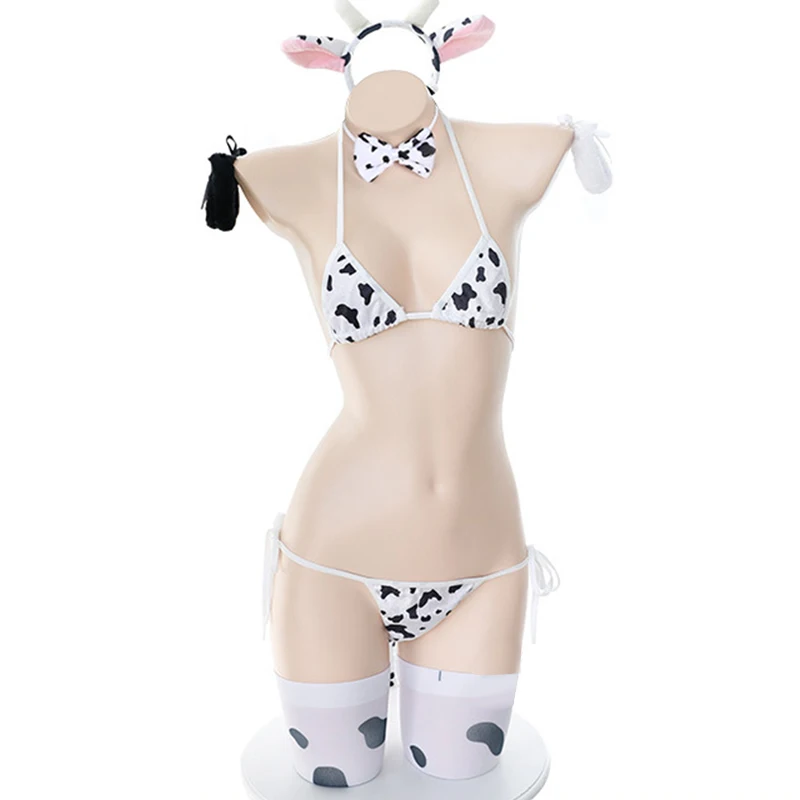 Women Cow Girl Anime Cosplay Costumes Maid Dress Sexy Underwear Lingerie with Cow Print Stockings Stage Show Uniform Suit Set