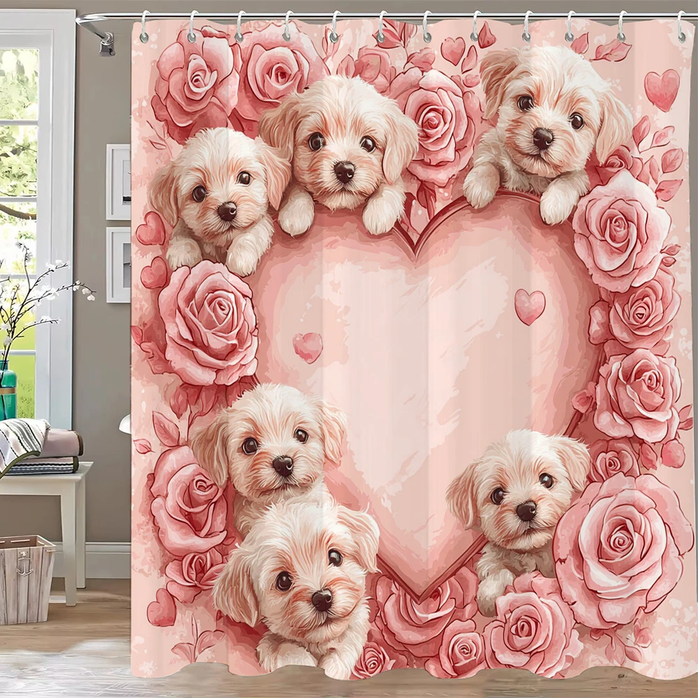 1pc Lovely Puppy Shower Curtain,Bathroom Decorative Dog Shower Curtains, Printed Polyester Home Curtain with Hooks