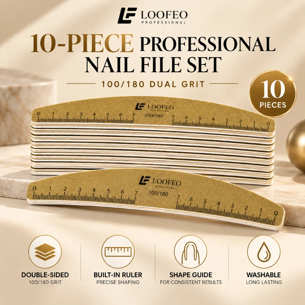 10PCS Gold Nail Files 100 180 Grit Washable Half Moon Emery Boards With Ruler Marks And Shape Guides For Precise Manicure Filing