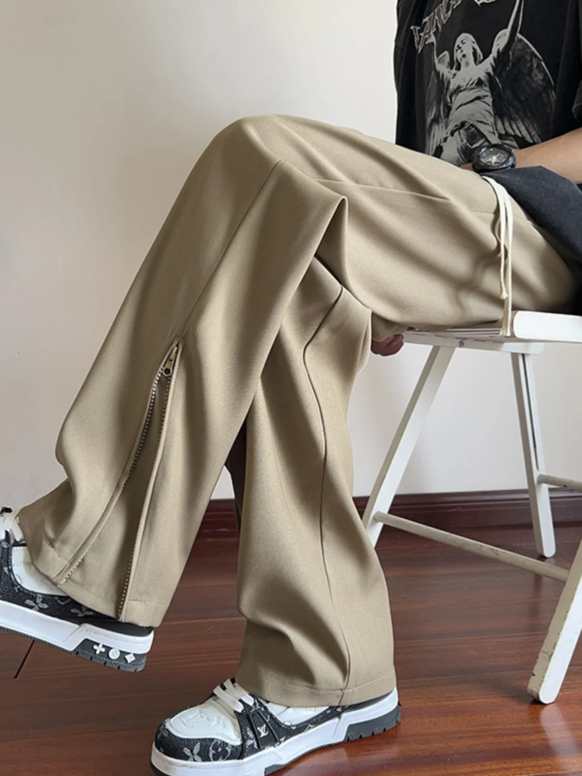 

Neapolitan Men's Summer Thin Ice Silk Casual Pants American High Street Straight Leg Wide Leg Trousers Faionable Loose Fit