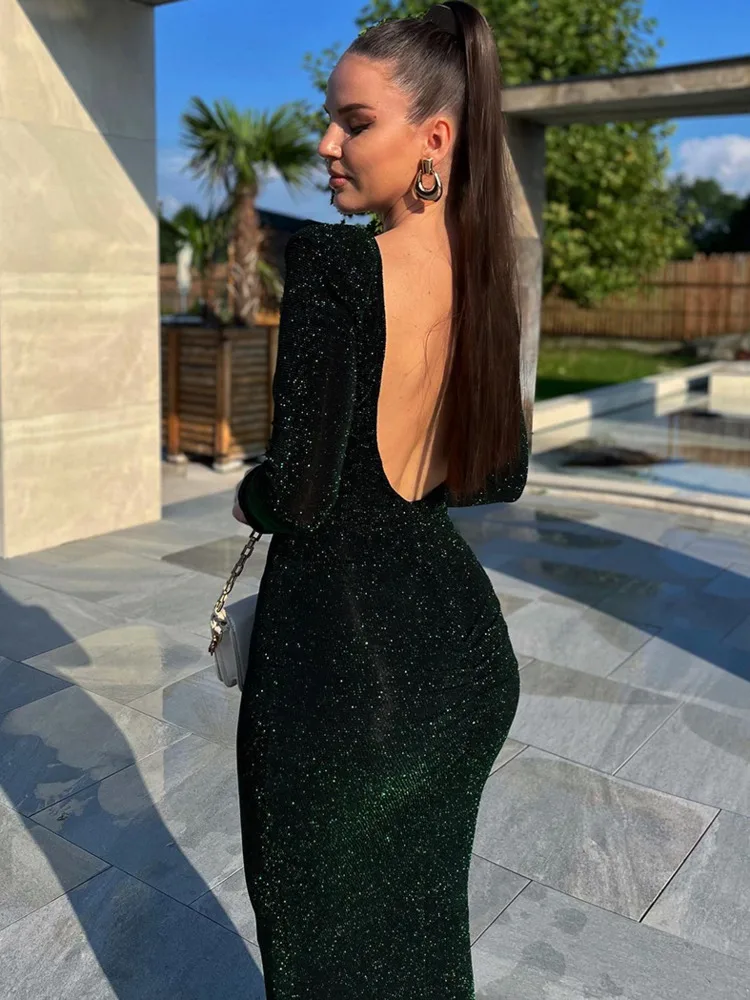 Mozision Glitter Backless Ruched Midi sukienka dla damska suknia 2023 nowa pełna rękaw Bodycon błyszczące długa sukienka na imprezę Vestido