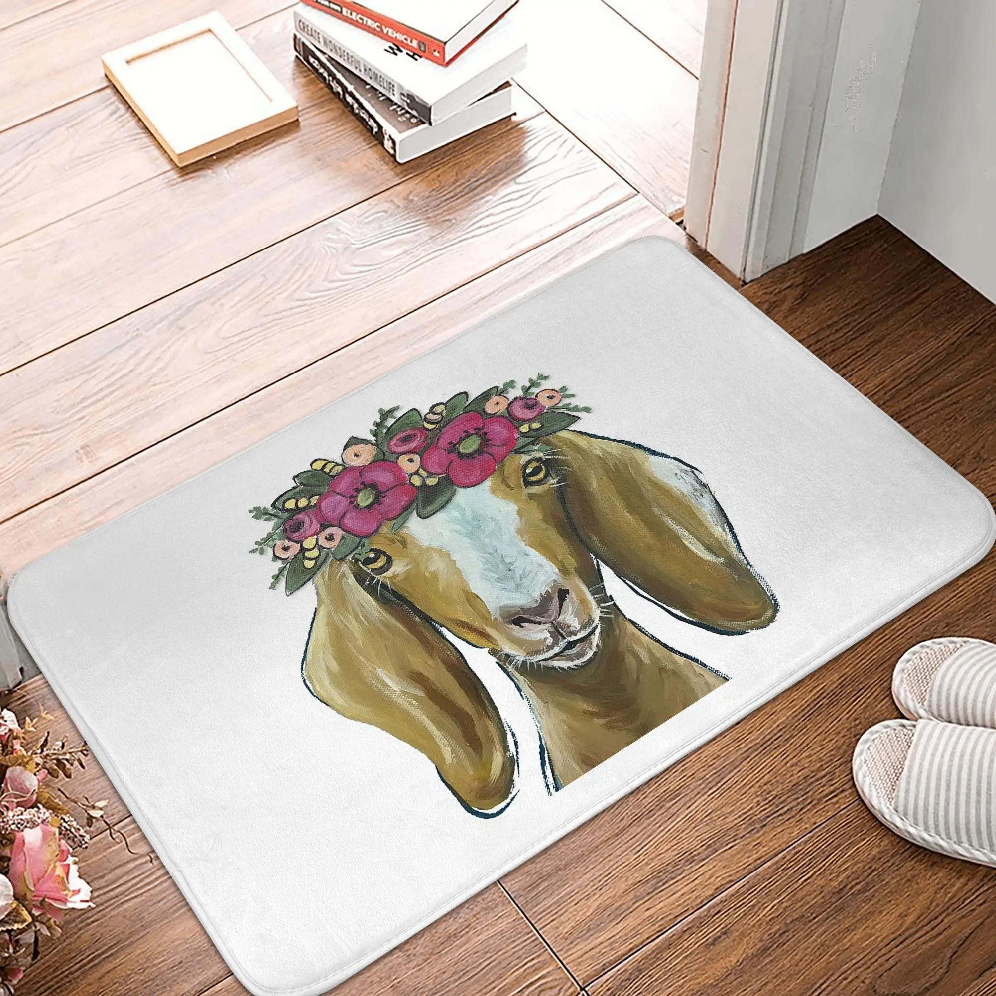 Goat with Flower Crown Art Non-slip Doormat Floor Mat Dust-proo Carpet Rug for Kitchen Entrance Home Bathroom Footpad Mats