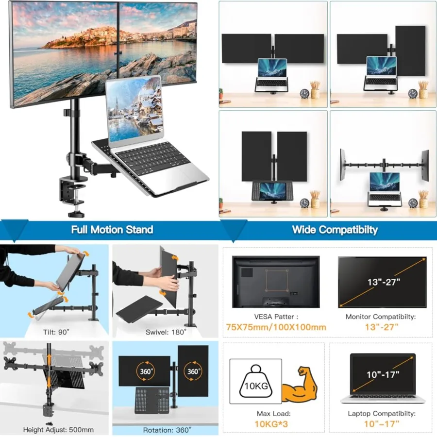 

Laptop Mount, Height Adjustable Dual Monitor Mount with Laptop Keyboard Tray Fit Two 13 to 27 Inch Flat Curved Computer Screens and 10 to 17 Inch Notebooks