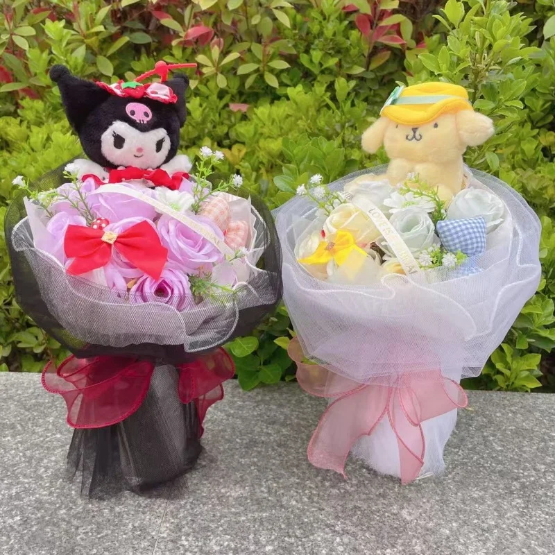 Cute Sanrio Plush Dolls Hellokitty With Artificial Flower Creative Bouquet New Year Birthday Valentine Christmas Graduation Gift