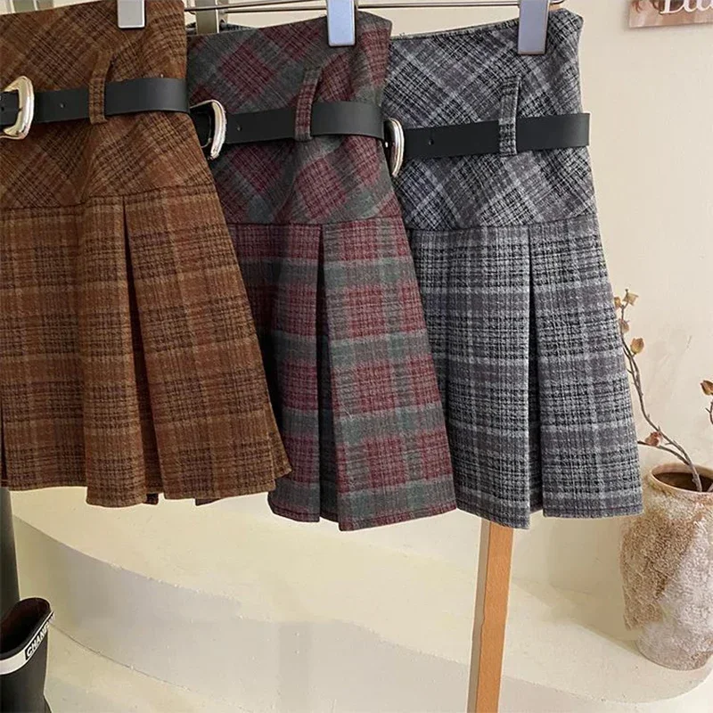 Faldas plisadas Vintage a cuadros con cinturón para mujer Y2K Otoño Invierno falda acampanada coreana combinable con todo Minifalda informal de cintura alta E10855