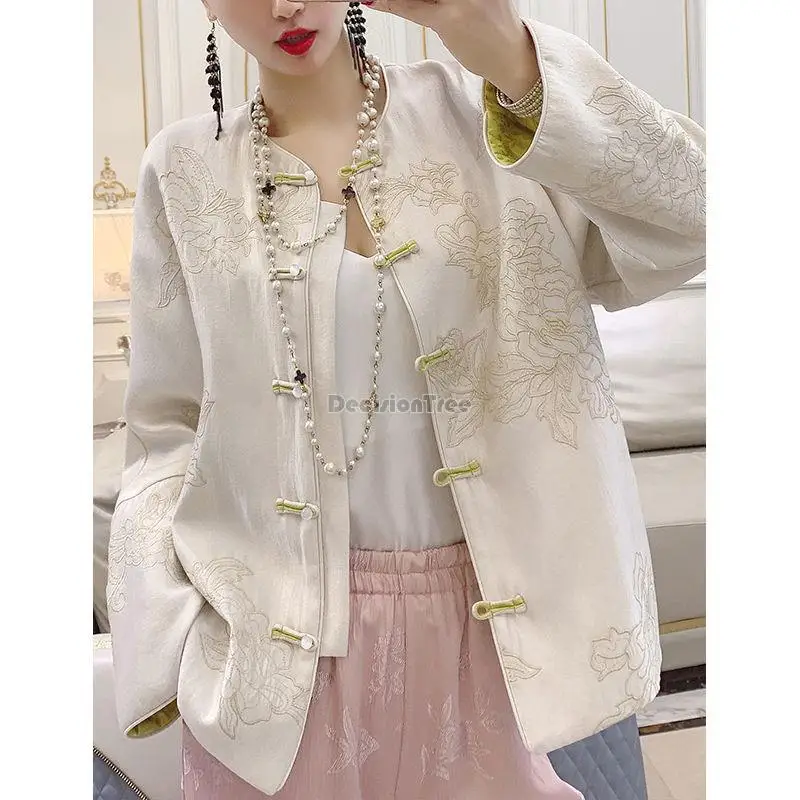 2024 summer chinese style women tang suit shirt half sleeve stand collar loose casual style chinese elegant lace  jacquard coat