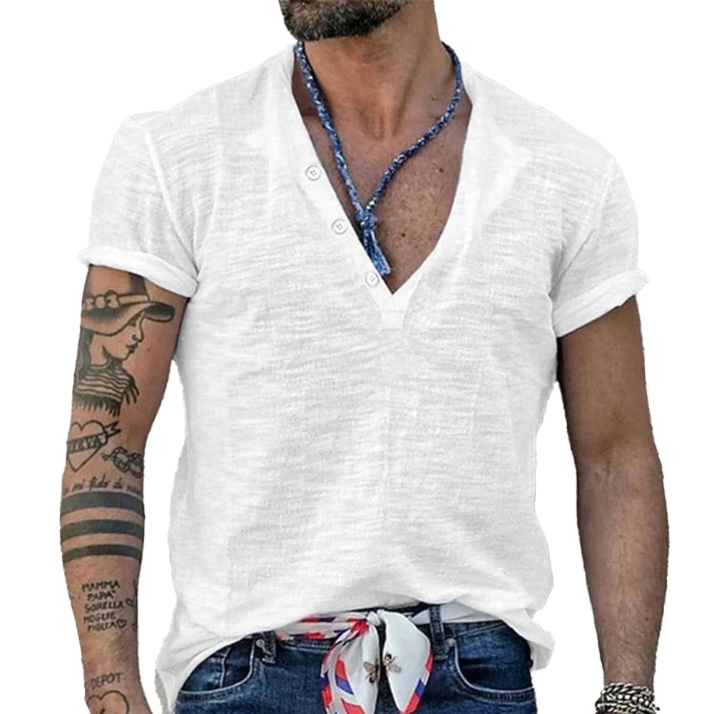 

Solid Color Tee Casual Button Shirt Vacation Daily Wear Daily Holiday Male Polyester Regular Length Short Sleeve